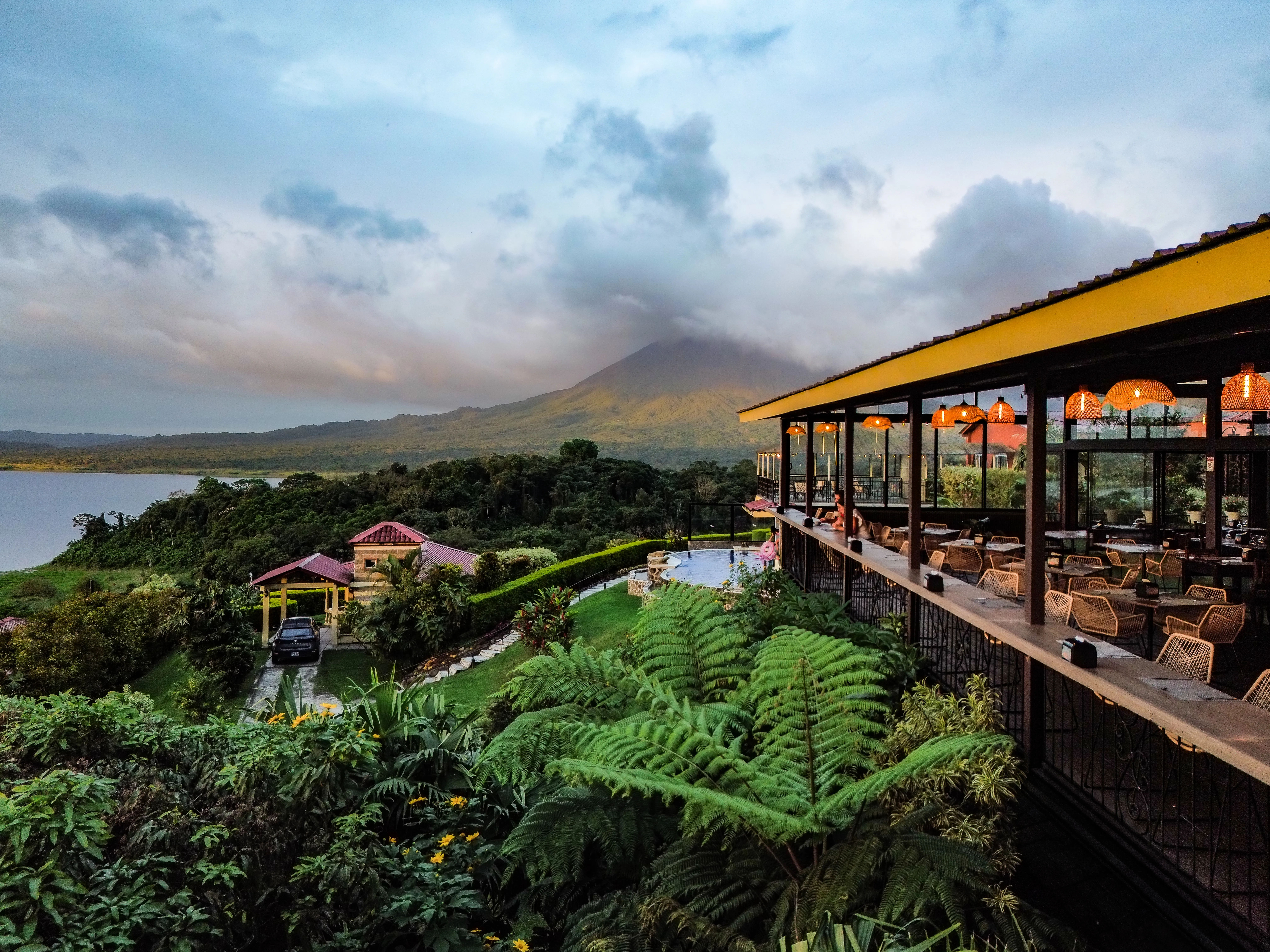 Sunset views over Lake Arenal from Loma Linda Restaurant terrace
